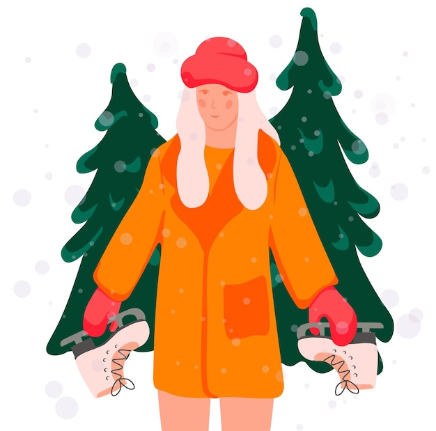 Cartel de invierno la niña está patinando el árbol de navidad está nevando afuera ilustración de stock vectorial hace frío hobby de diciembre