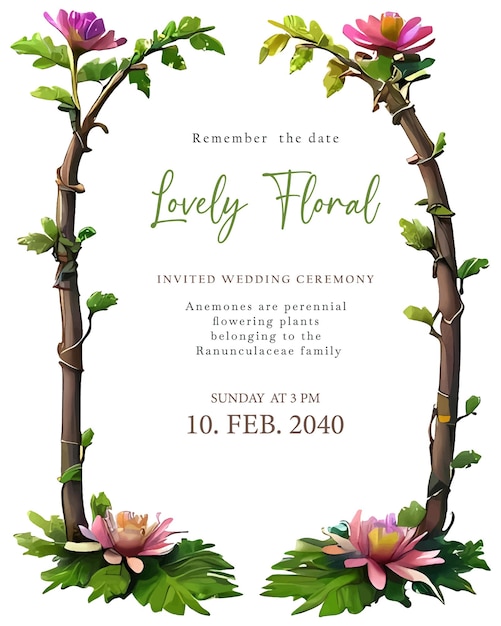 Cartel de invitación de boda con marco floral y plantilla de fondo elegante