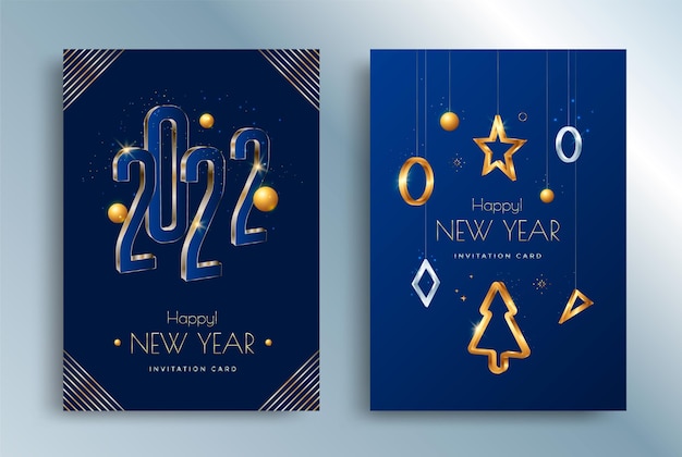 Cartel de invitación de feliz navidad de tarjeta de felicitación de tipografía de números de oro de año nuevo 2022