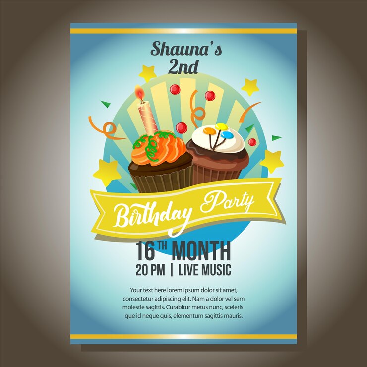 cartel de invitación de fiesta de cumpleaños azul con cupcakes