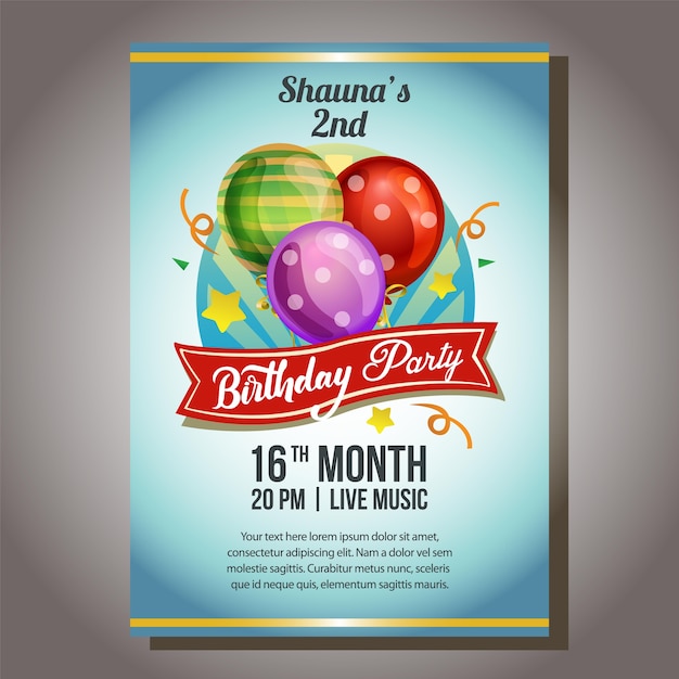 cartel de invitación de fiesta de cumpleaños azul con globo