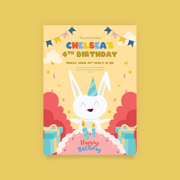 Cartel de invitación de fiesta de cumpleaños colorido con diferentes personajes ilustrados Vector Premium