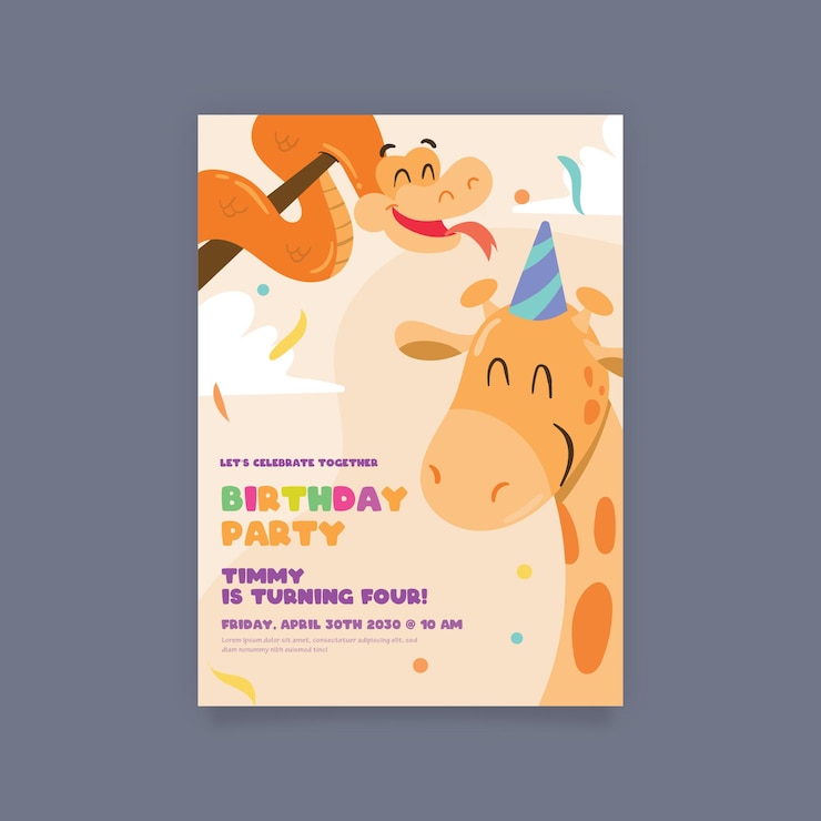 Vector cartel de invitación de fiesta de cumpleaños colorido con diferentes personajes ilustrados vector premium