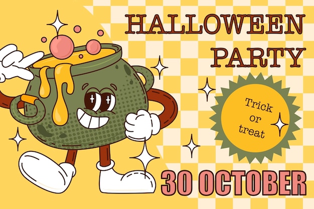 Cartel de invitación a la fiesta de Halloween el 30 de octubre Caldera de brujas con poción Feliz fiesta de otoño de todos los santos Envase de regalo Impresión de estilo Groovy Ilustración vectorial aislada