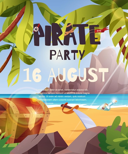 Cartel de invitación de fiesta de piratas Barco pirata de vela con banderas negras en el mar