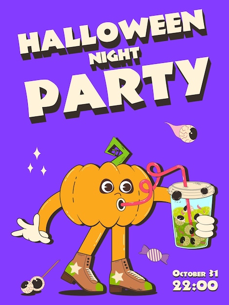 Cartel Invitación de Halloween Estilo maravilloso retro de moda Personaje de calabaza alegre bebiendo