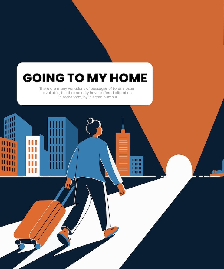 Vector un cartel para ir a mi casa con un hombre llevando una maleta