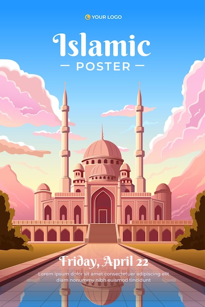 Vector cartel islámico con hermosa mezquita para folleto historia de redes sociales y plantilla de impresión
