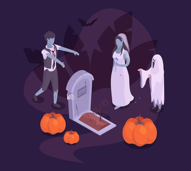 Cartel isométrico de fiesta de truco o trato de halloween espeluznante fiesta de halloween fantasma de calabaza y zombie ilustración de fondo de vector 3d