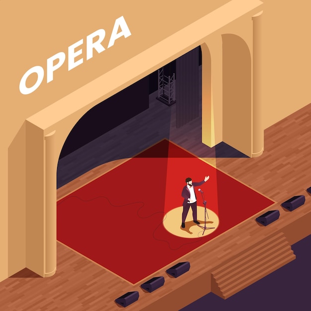 Cartel isométrico del teatro de ópera con ilustración de símbolos de actuación de canto