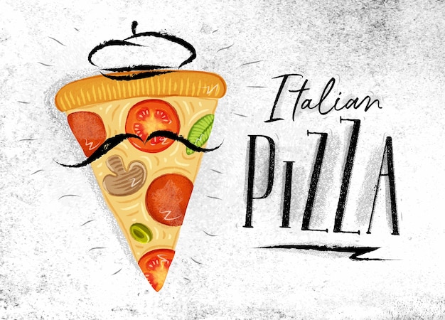 Cartel italiano rebanada de pizza con dibujo de letras sobre fondo de papel sucio