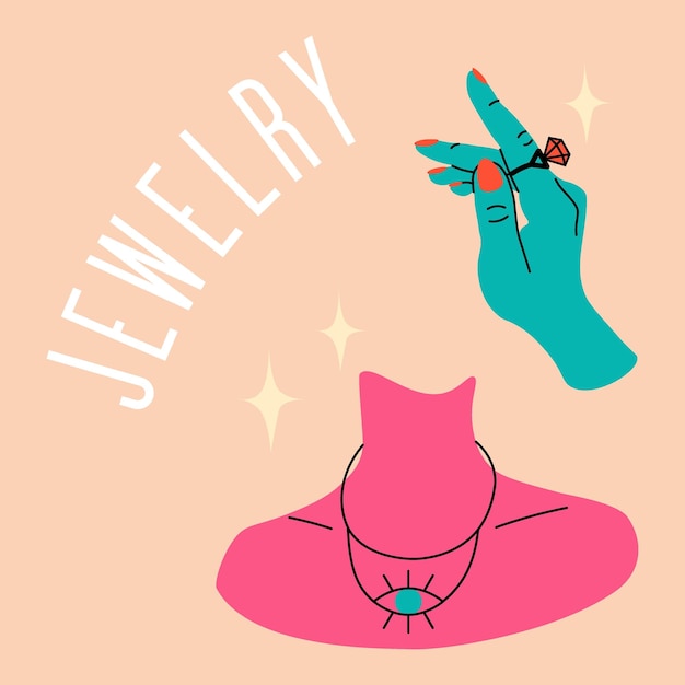 Cartel de joyería Damas mano sosteniendo anillo caro con gemas preciosas Collar en cuello femenino Diamantes brillantes Piedras preciosas brillantes Mujer belleza Accesorios de lujo tarjeta cuadrada