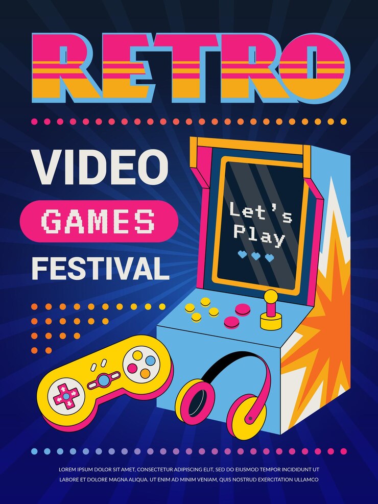 Vector cartel de juegos retro gadgets de juegos vintage cartel de invitaciones de fiestas en estilo retro plantilla vectorial reciente con lugar para texto