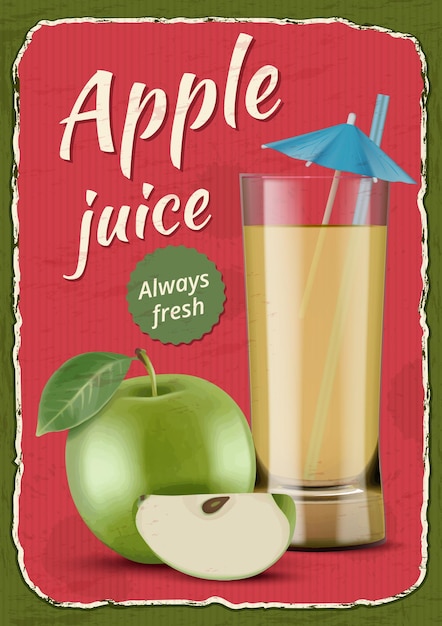 Vector cartel de jugo de manzana etiquetas antiguas con frutas y lugar para texto cartel vectorial decente estilo años 50 diseño de etiquetas de frutas ilustración de jugo