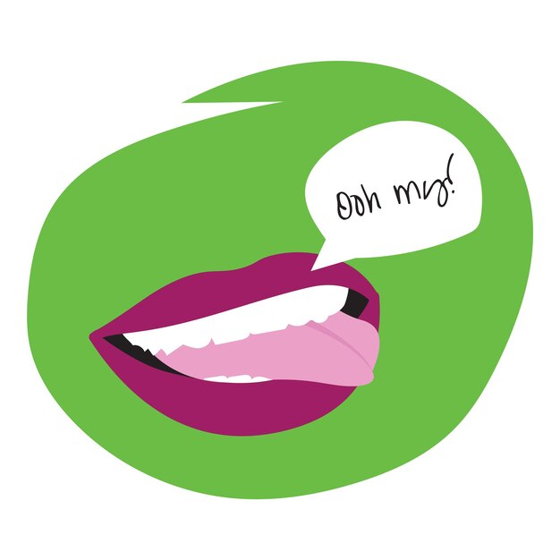 Un cartel de labios morados sonrientes con las palabras "Oh mi" en él