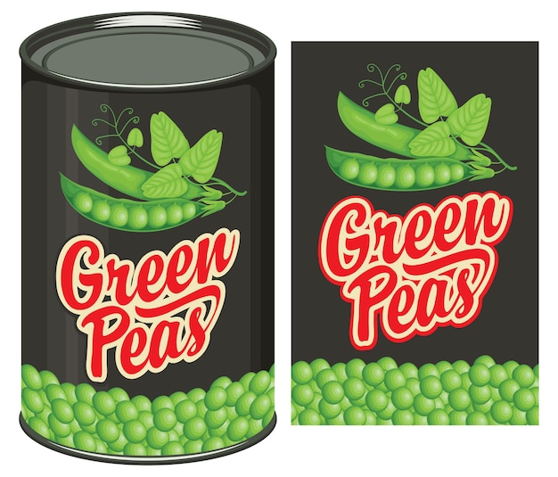 Cartel con latas etiquetadas para guisantes verdes