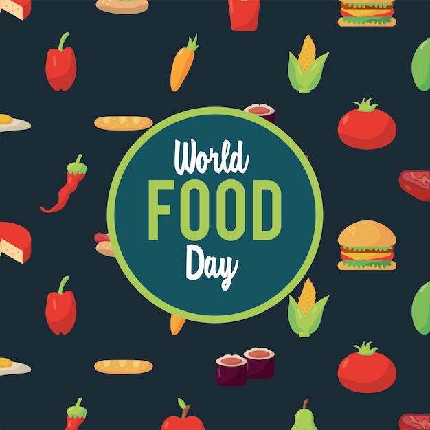 Vector cartel de letras del día mundial de la alimentación con diseño de ilustración de patrón de alimentos