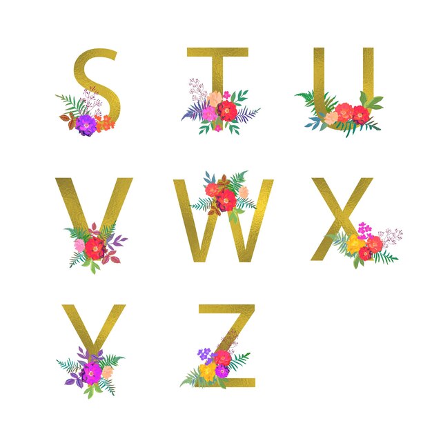 Cartel con letras doradas STUVWXYZ Fuente de alfabeto de flores botánicas florales con ramo
