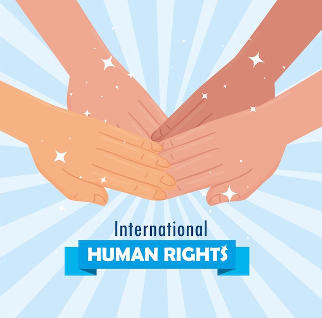 Cartel de letras internacionales de derechos humanos con diseño de ilustración de unidad de manos interraciales