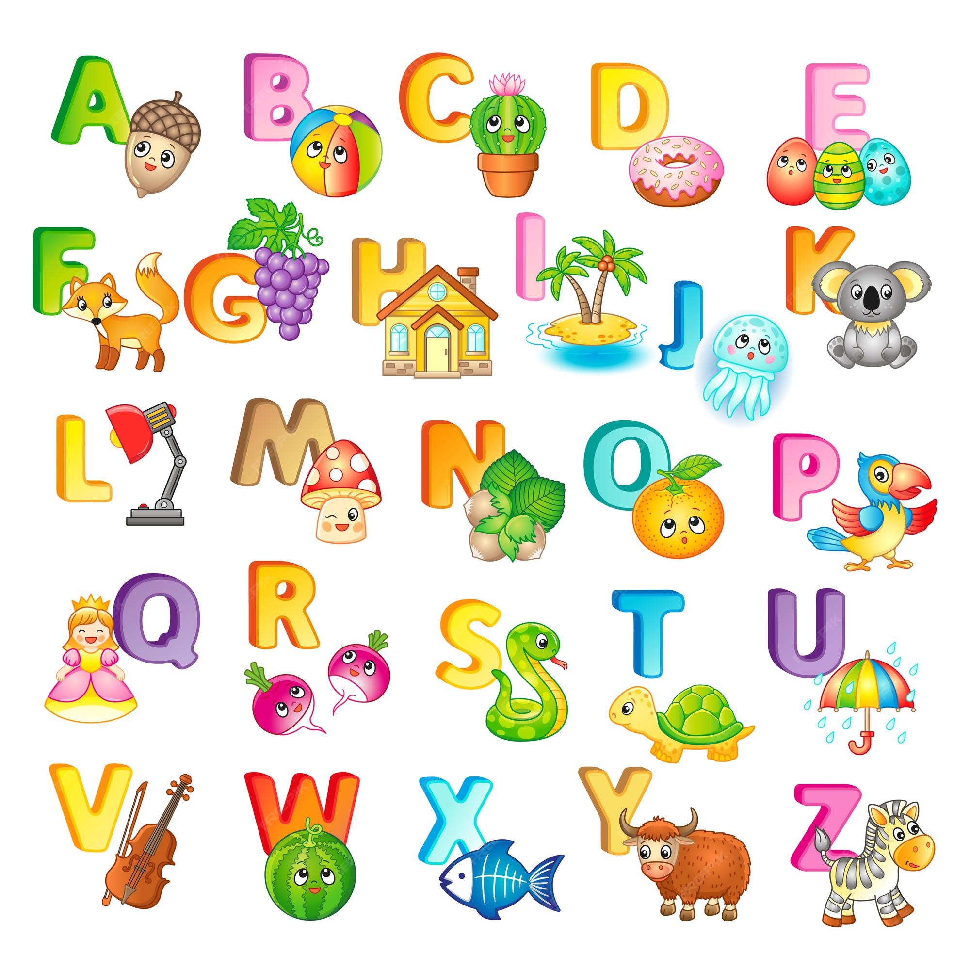 Cartel con letras mayúsculas del alfabeto inglés, lindos animales de  zoológico de dibujos animados y cosas. para educación infantil y  preescolar. tarjetas para aprender inglés | Vector Premium