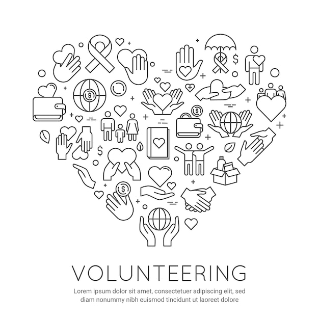 Vector cartel de la línea de voluntariado. bandera de caridad y donación, iconos en forma de corazón. trabajo voluntario asistencial. actividad ayudando a las personas, concepto de vector. ilustración atención voluntaria y donación, trabajo sin fines de lucro.