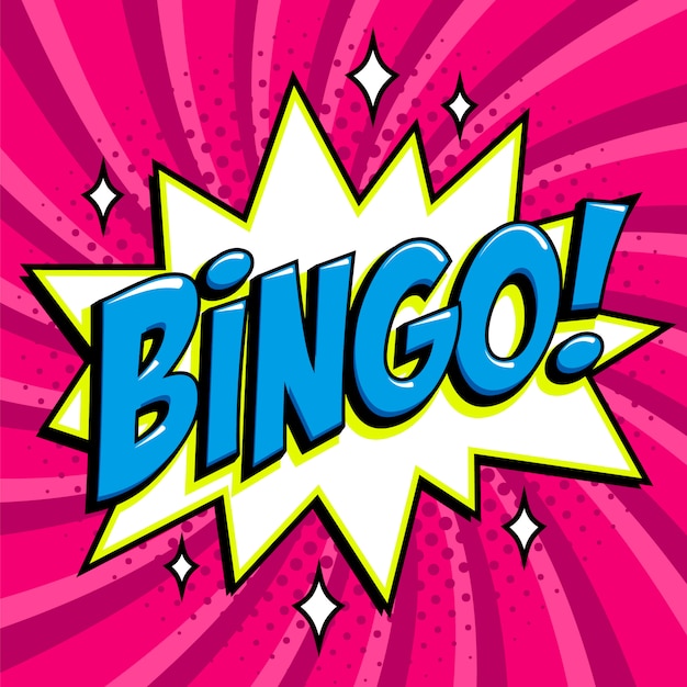 Cartel de lotería de bingo. juego de lotería de fondo. forma de explosión de estilo cómic pop-art sobre un fondo púrpura retorcido.