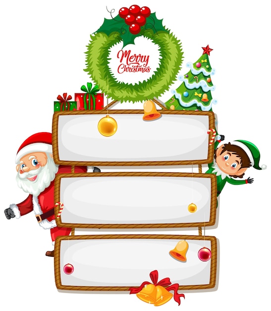 Vector cartel de madera en blanco con el logotipo de fuente feliz navidad con personaje de dibujos animados de navidad sobre fondo blanco