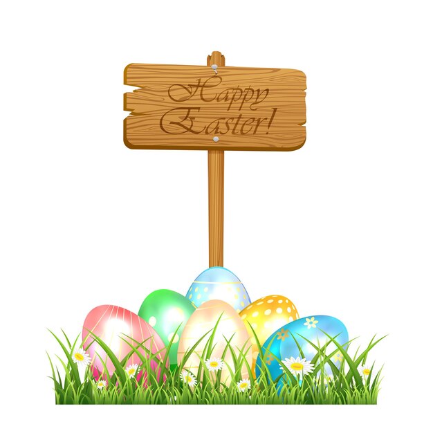 Cartel de madera con coloridos huevos de Pascua en la hierba sobre fondo blanco, ilustración.