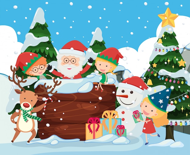 Cartel de madera con Santa y niños felices