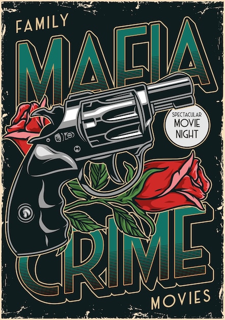 Cartel de la mafia con revólver y rosa.