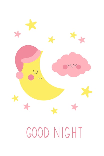 Cartel mágico para niños con luna somnolienta y nube rosa para la decoración de la habitación de la niña Elementos mágicos para niños para la impresión de telas, logotipos, tarjetas de señalización, pancartas, diseño de arte de pared para niños, ilustración vectorial