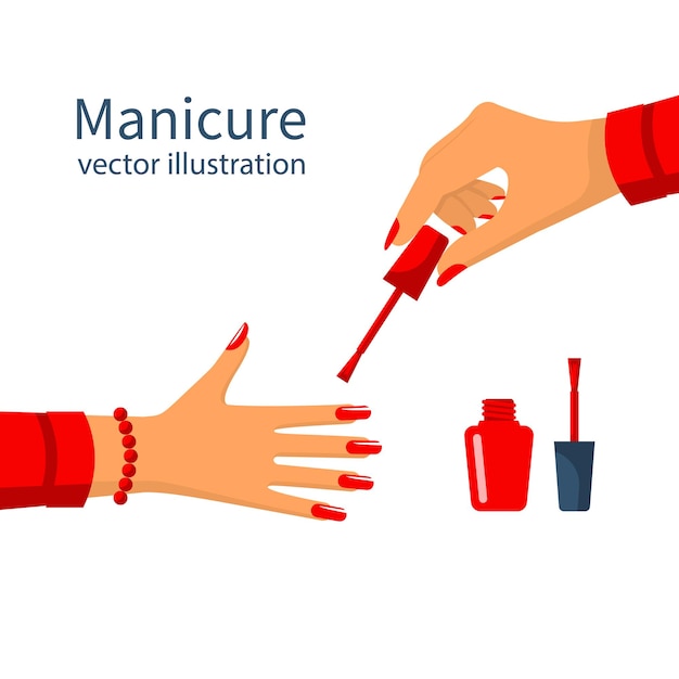 Cartel de manicura plantilla productos cosméticos cuidado del cuerpo diseño web mujer elegante manos pintando uñas belleza femenina vector ilustración estilo plano aislado sobre fondo blanco