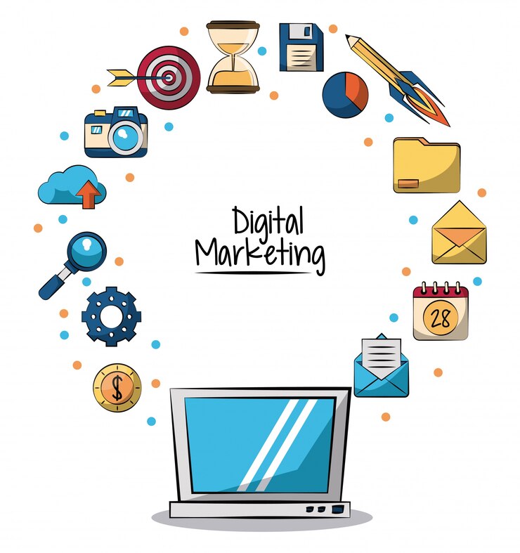 Vector cartel de marketing digital con la computadora portátil en primer plano y los iconos de marketing alrededor de él en la ilustración vectorial