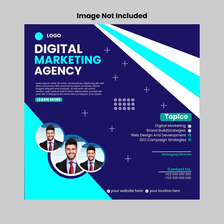 un cartel de marketing digital con un fondo azul