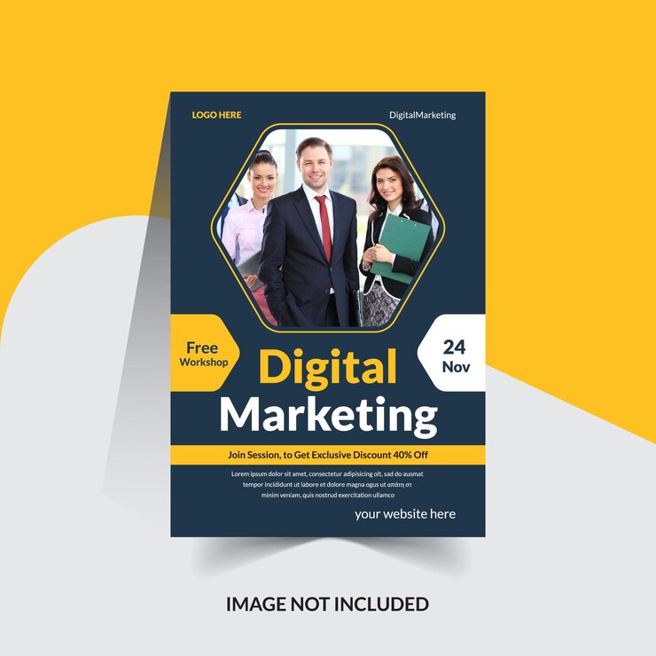 un cartel para marketing digital con un hombre y una mujer de pie detrás de él