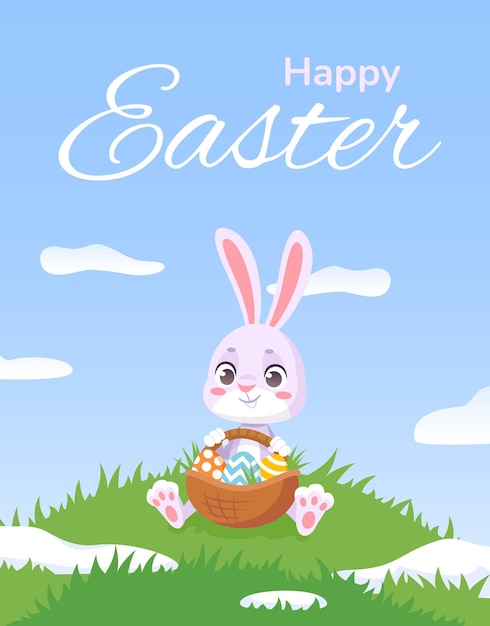 Cartel de la mascota de Pascua Conejo de niño de dibujos animados en el prado divertido conejito lindo con cesta de huevos en el césped de hierba verde diseño de etiqueta de vacaciones de primavera feliz o tarjeta de felicitación de regalo ilustración vectorial de la mascota de Pascua