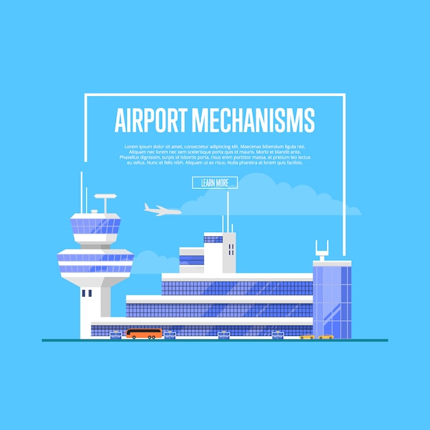 Cartel de mecanismos aeroportuarios con terminal aérea de moda