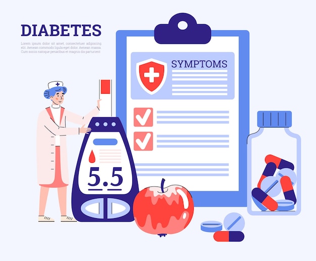 Cartel médico de diabetes con médico sosteniendo glucómetro ilustración vectorial plana