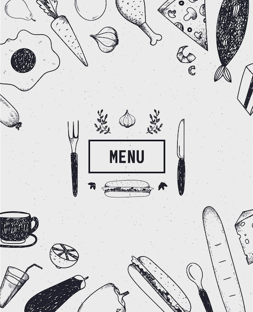 Cartel de menú, cubierta con comida dibujada a mano. Cartel de comida, tarjeta. En blanco y negro. Restaurante, plantilla de menú de cafetería