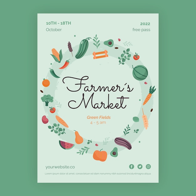 Vector cartel de mercado de agricultores de diseño plano dibujado a mano
