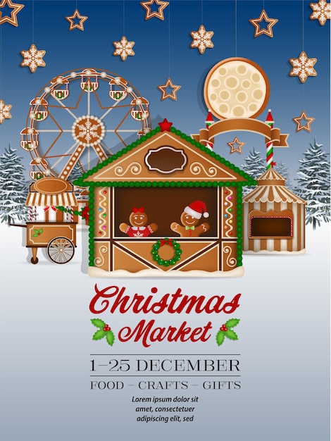 Cartel del mercado de Navidad con galletas de jengibre en el paisaje de invierno