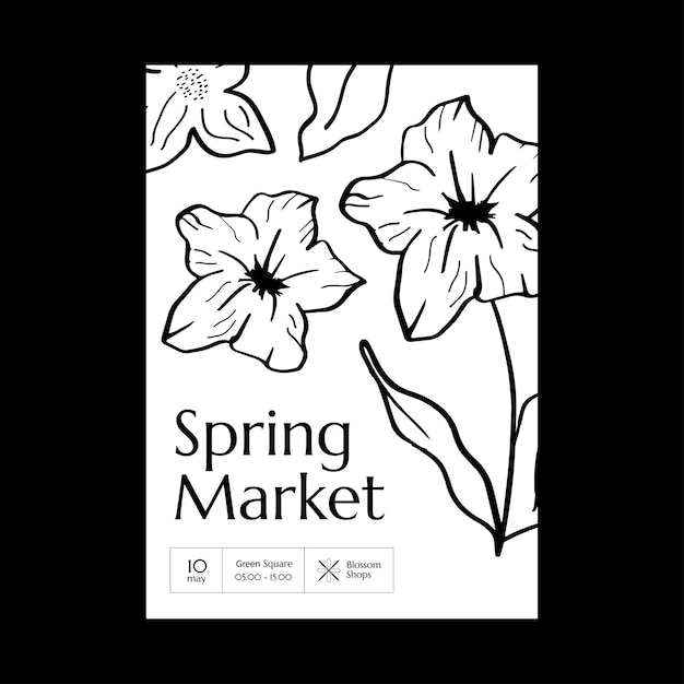 Vector cartel del mercado de primavera con flores dibujadas a mano con tinta arte ingenuo plantilla de diseño natural en blanco y negro