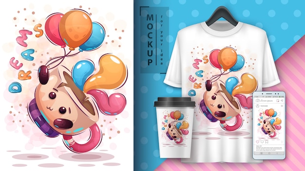 Vector cartel y merchandising de fly cup airballoon