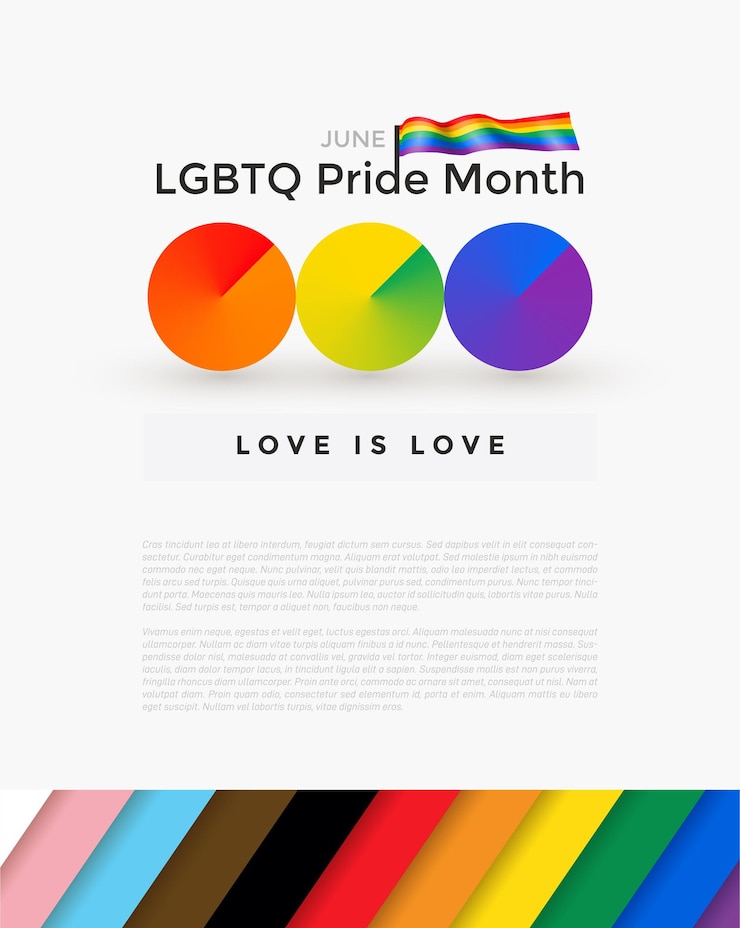 Vector cartel del mes del orgullo lgbtq texto del mes del orgullo lgbtqia sobre fondo blanco con ilustración de la bandera del orgullo mes de junio banner el amor es amor concepto de derechos humanos o diversidad diseño de banner de evento de plantilla