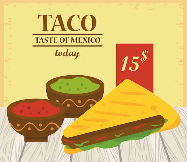 Vector cartel mexicano de celebración del día del taco con salsas de tomate y guacamole.
