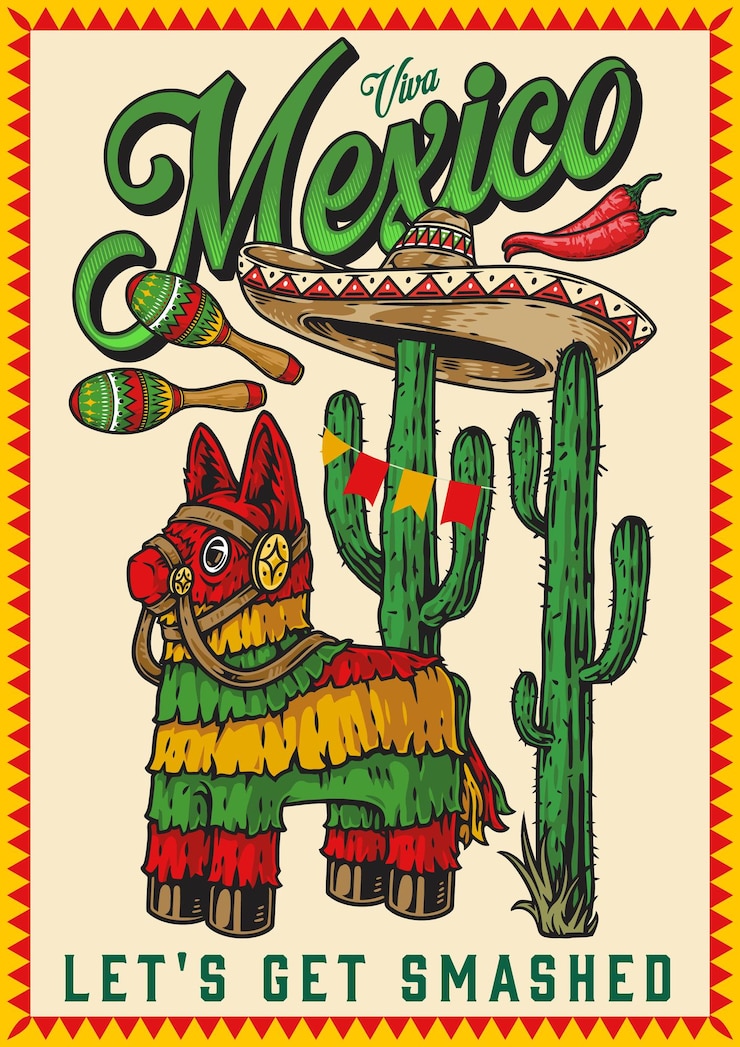 Vector cartel de méxico con piñatas y cactus