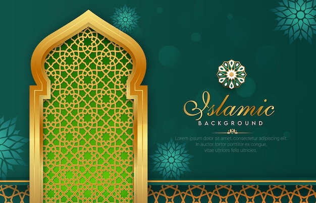 un cartel para una mezquita con un fondo verde con un diseño que dice encantador