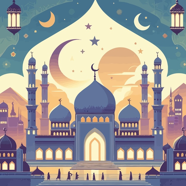 Vector un cartel para una mezquita con una luna y estrellas en el fondo