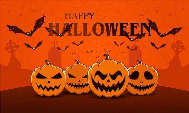 Cartel de miedo de halloween banner con murciélago de tumba de calabaza naranja y araña ilustración vectorial