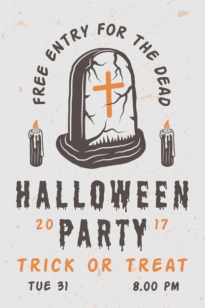 Cartel de miedo de halloween retro vintage con tumba. Arte gráfico monocromático. Ilustración de vector.